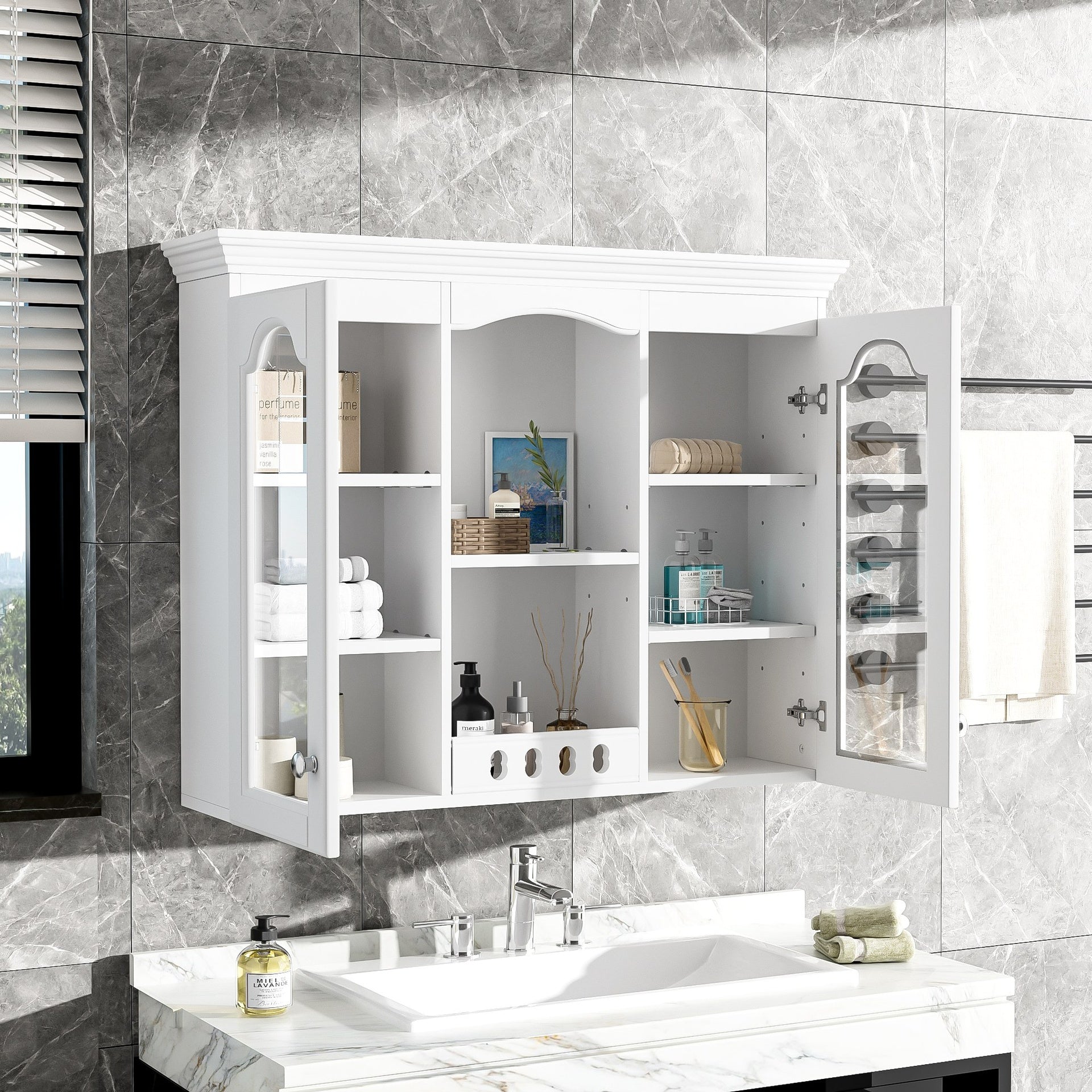 Wall Mounted Medicine Cabinet, Bathroom Wall Cabinet with 2 Glass Doors, Over The Toilet Space Saver Storage Cabinet with Ample Storage, White