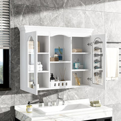Wall Mounted Medicine Cabinet, Bathroom Wall Cabinet with 2 Glass Doors, Over The Toilet Space Saver Storage Cabinet with Ample Storage, White