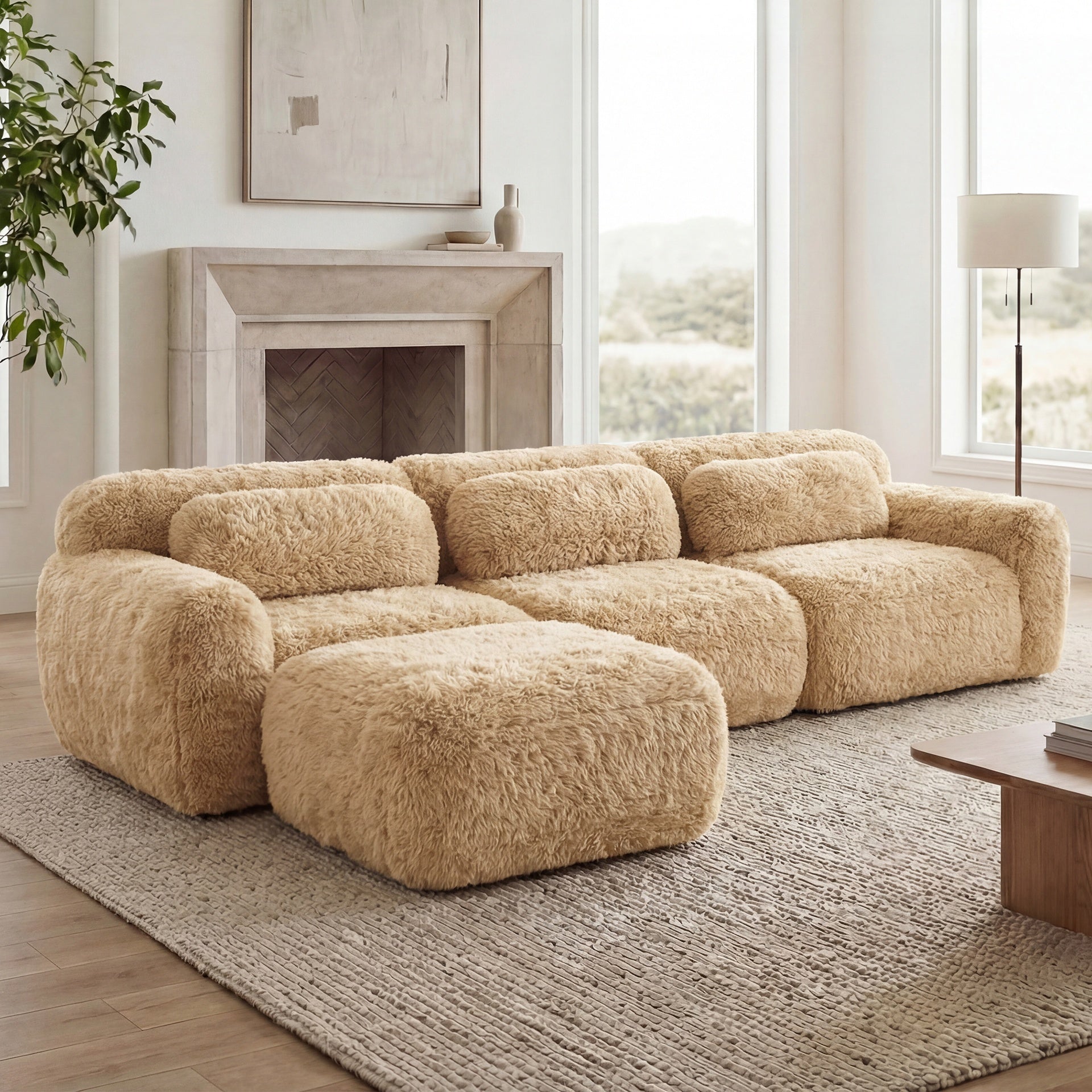 L-shaped Soft And Fluffy Plush Fabric,Boneless Sofa,With Throw Pillows 32D High Density Sponge,No Assembly Required Bottom,Anti-Slip Design Buckle Connection,Movable Ottoman For Study,Light Khaki