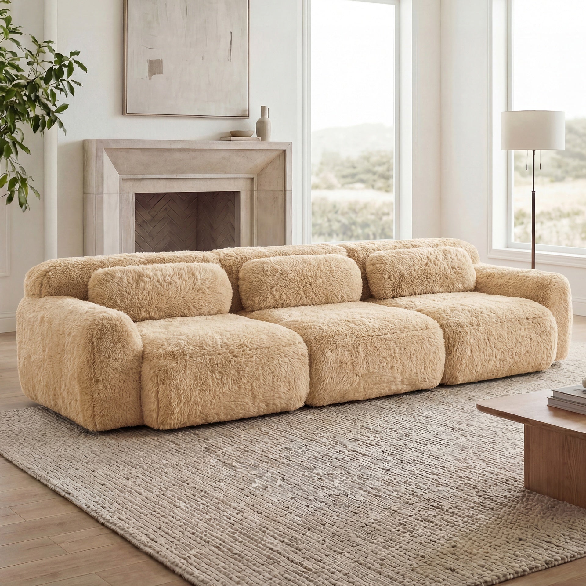 114''Soft And Fluffy Plush Fabric,Modular Sectional Sofa Couches,Ergonomic Design With Ottoman And Throw Pillows,Full-compression Vacuum Packaging Buckle Connection,For Home Theater,Light Khaki