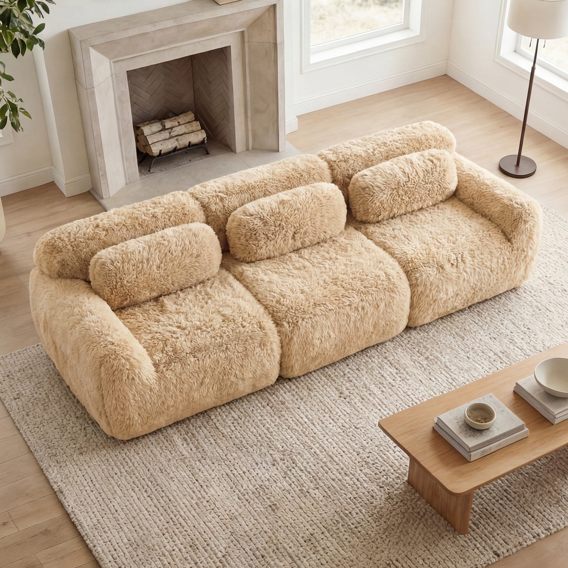114''Soft And Fluffy Plush Fabric,Modular Sectional Sofa Couches,Ergonomic Design With Ottoman And Throw Pillows,Full-compression Vacuum Packaging Buckle Connection,For Home Theater,Light Khaki