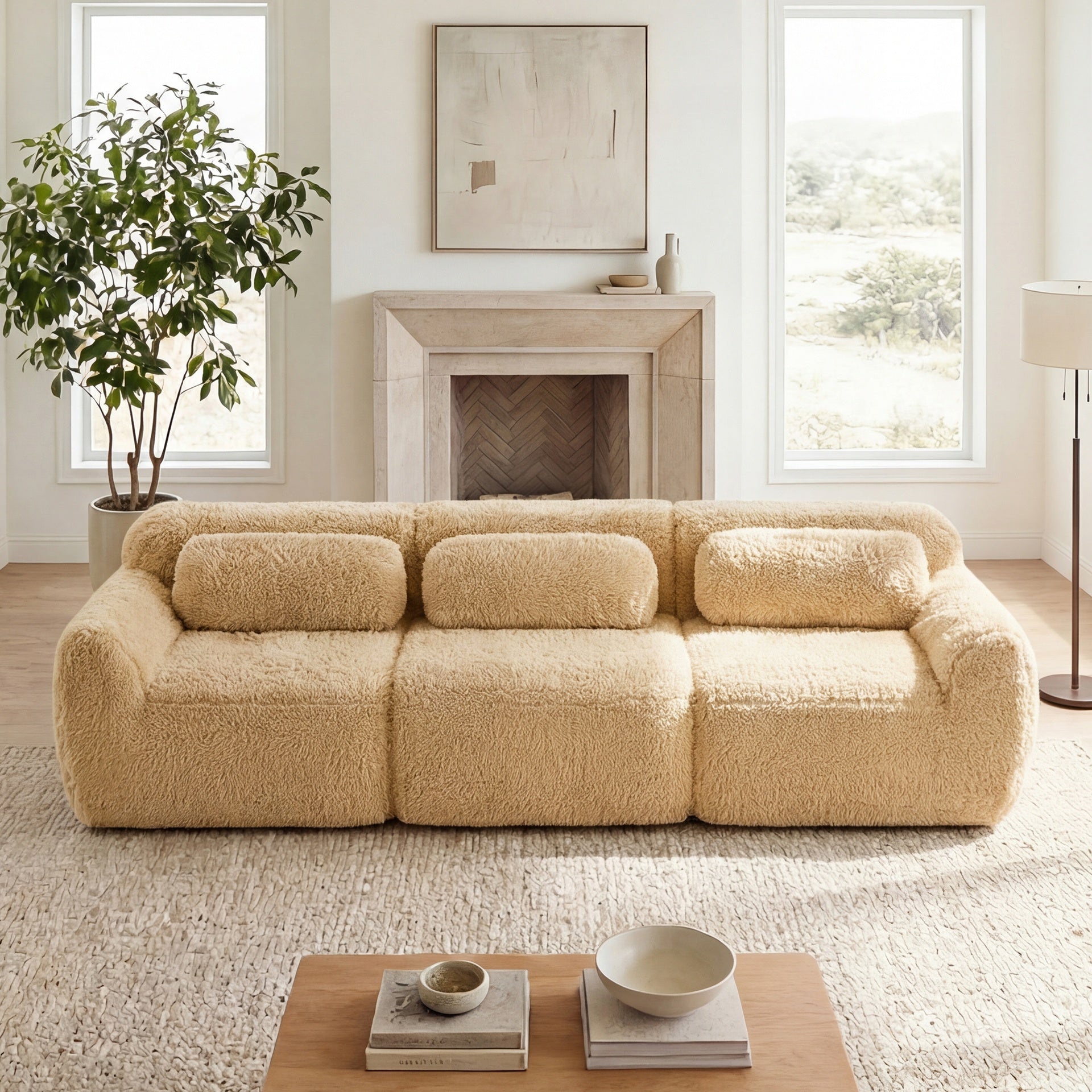 114''Soft And Fluffy Plush Fabric,Modular Sectional Sofa Couches,Ergonomic Design With Ottoman And Throw Pillows,Full-compression Vacuum Packaging Buckle Connection,For Home Theater,Light Khaki