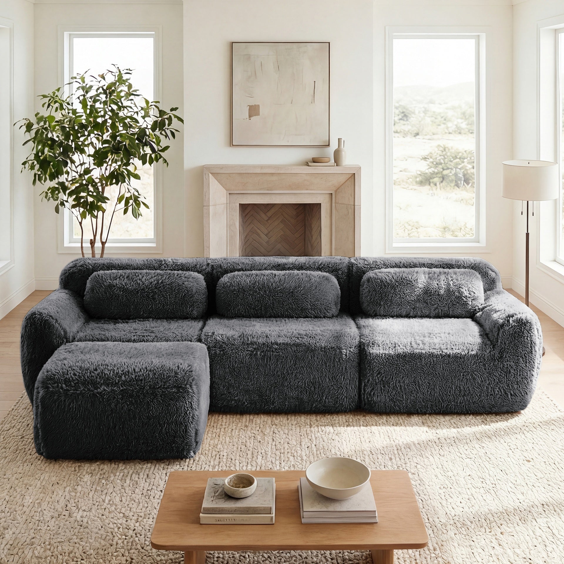 L-shaped Soft And Fluffy  Plush Fabric,Boneless Sofa,With Throw Pillows 32D High Density Sponge,No Assembly Required Bottom,Anti-Slip Design Buckle Connection,Movable Ottoman For Living Room,Dark Grey