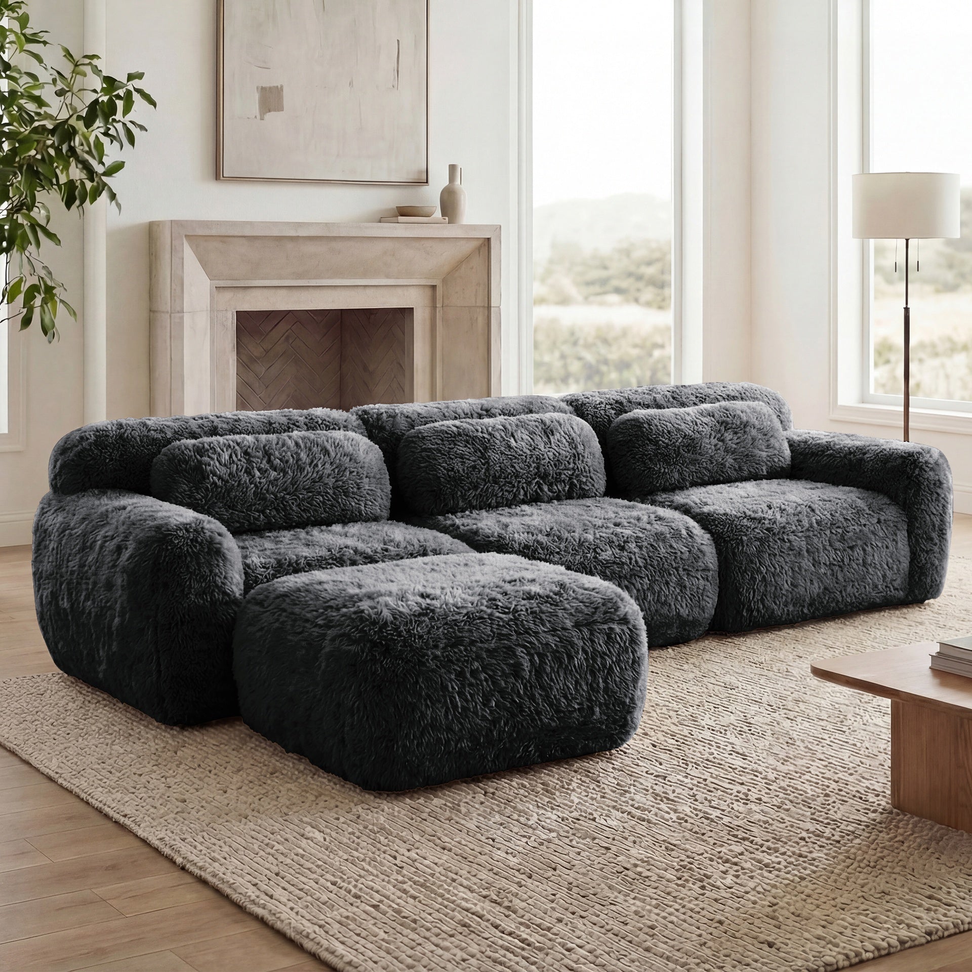 L-shaped Soft And Fluffy  Plush Fabric,Boneless Sofa,With Throw Pillows 32D High Density Sponge,No Assembly Required Bottom,Anti-Slip Design Buckle Connection,Movable Ottoman For Living Room,Dark Grey