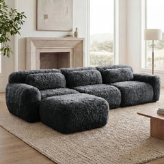 L-shaped Soft And Fluffy  Plush Fabric,Boneless Sofa,With Throw Pillows 32D High Density Sponge,No Assembly Required Bottom,Anti-Slip Design Buckle Connection,Movable Ottoman For Living Room,Dark Grey
