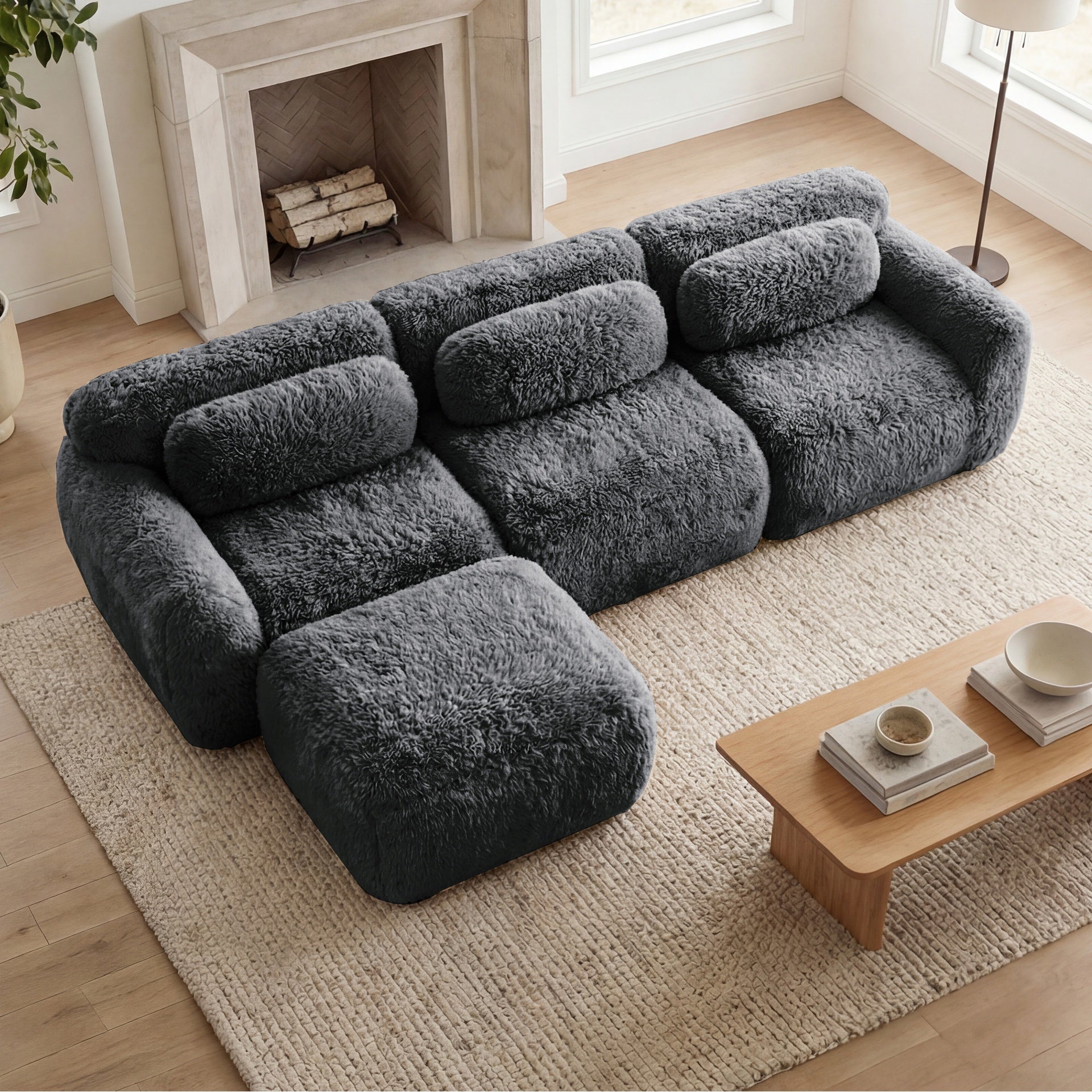 L-shaped Soft And Fluffy  Plush Fabric,Boneless Sofa,With Throw Pillows 32D High Density Sponge,No Assembly Required Bottom,Anti-Slip Design Buckle Connection,Movable Ottoman For Living Room,Dark Grey