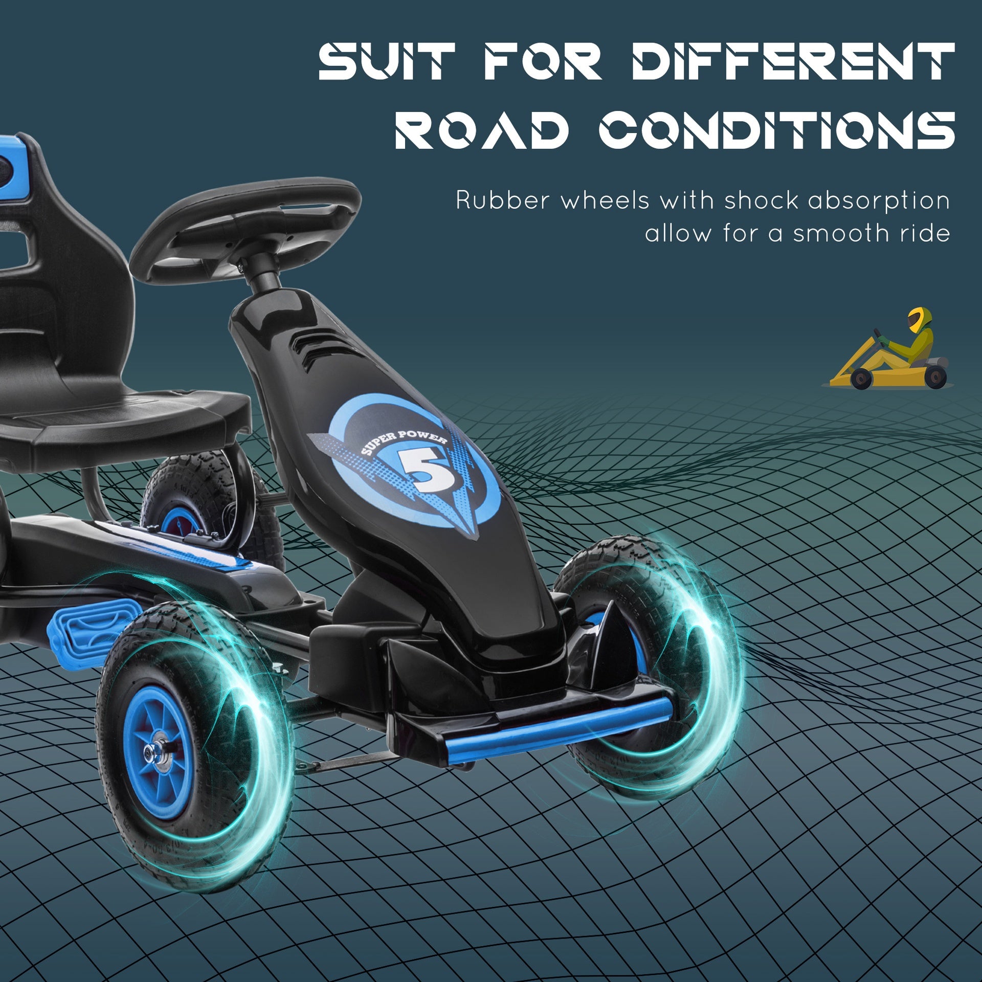 Aosom Kids Pedal Go Kart Ride-on Toy with Ergonomic Comfort, Pedal Car with Tough, Wear-Resistant Tread, Go Cart Kids Car for Boys & Girls with Suspension System, Safety Hand Brake, Ages 5-12, Blue