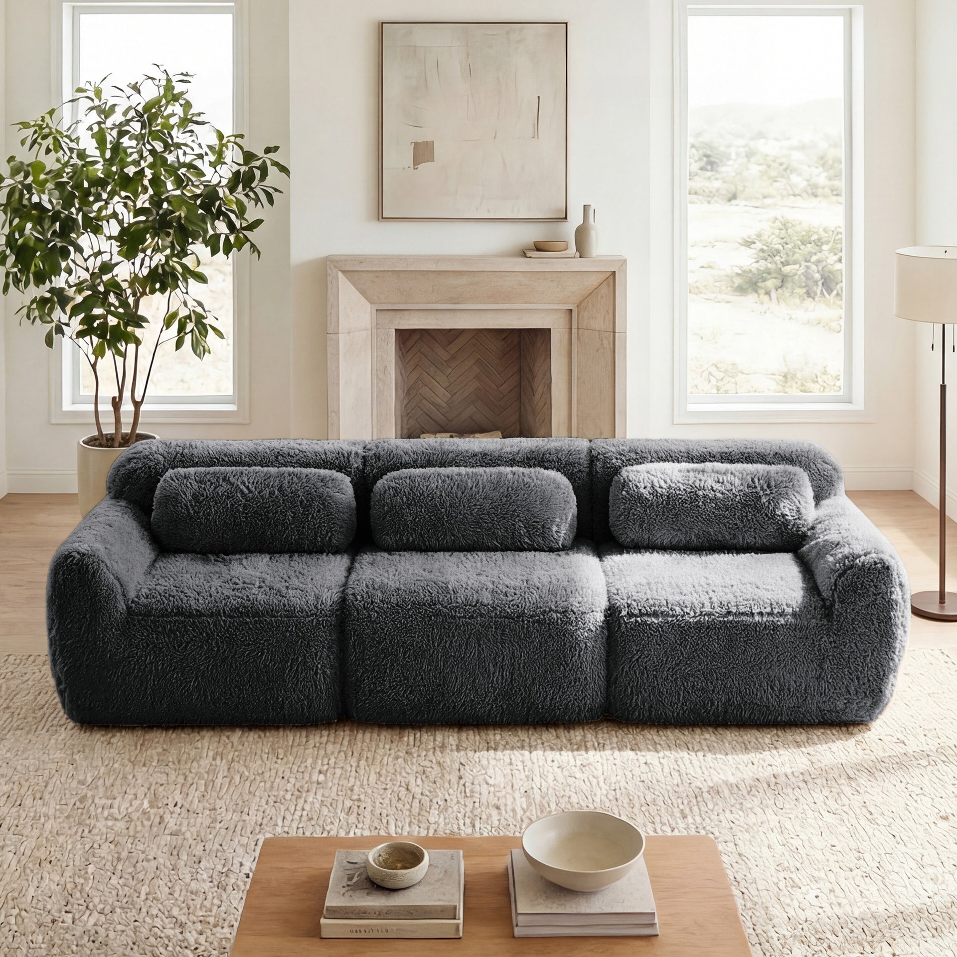 114''Soft And Fluffy Plush Fabric,Modular Sectional Sofa Couches,Ergonomic Design With Ottoman And Throw Pillows,Full-compression Vacuum Packaging Buckle Connection  For Study,Home Theater,Dark Grey