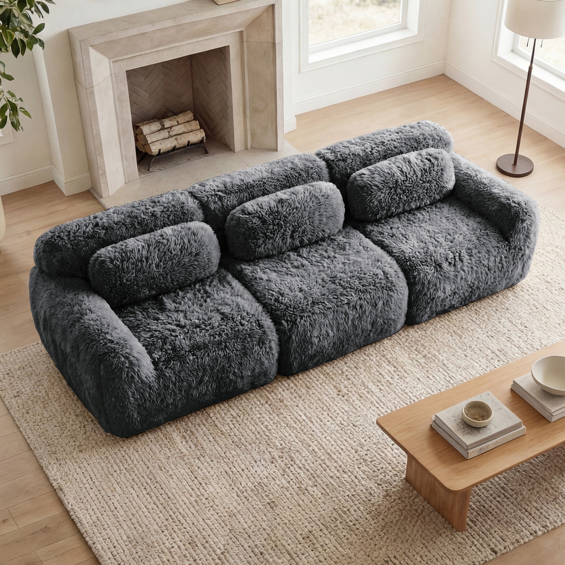 114''Soft And Fluffy Plush Fabric,Modular Sectional Sofa Couches,Ergonomic Design With Ottoman And Throw Pillows,Full-compression Vacuum Packaging Buckle Connection  For Study,Home Theater,Dark Grey