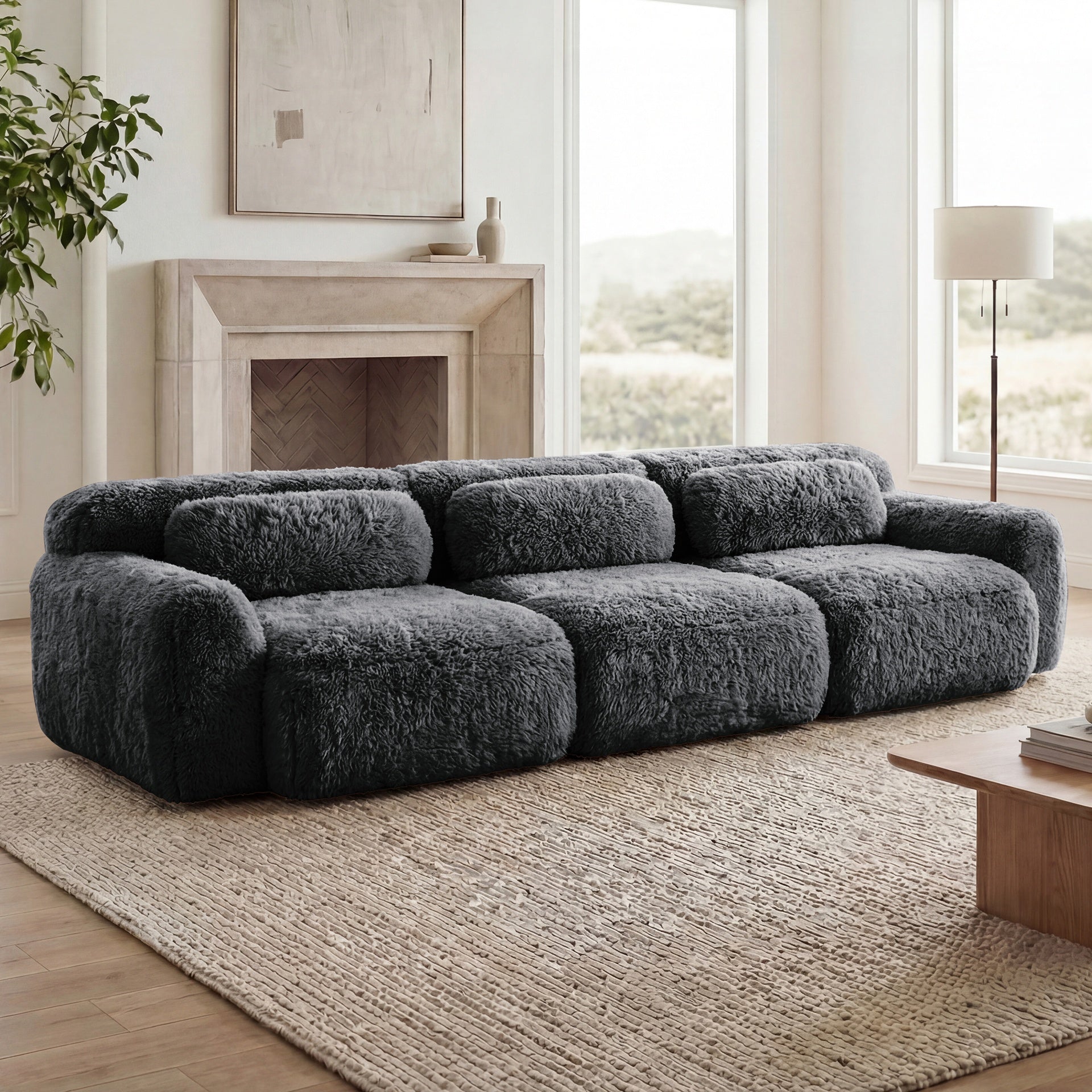 114''Soft And Fluffy Plush Fabric,Modular Sectional Sofa Couches,Ergonomic Design With Ottoman And Throw Pillows,Full-compression Vacuum Packaging Buckle Connection  For Study,Home Theater,Dark Grey