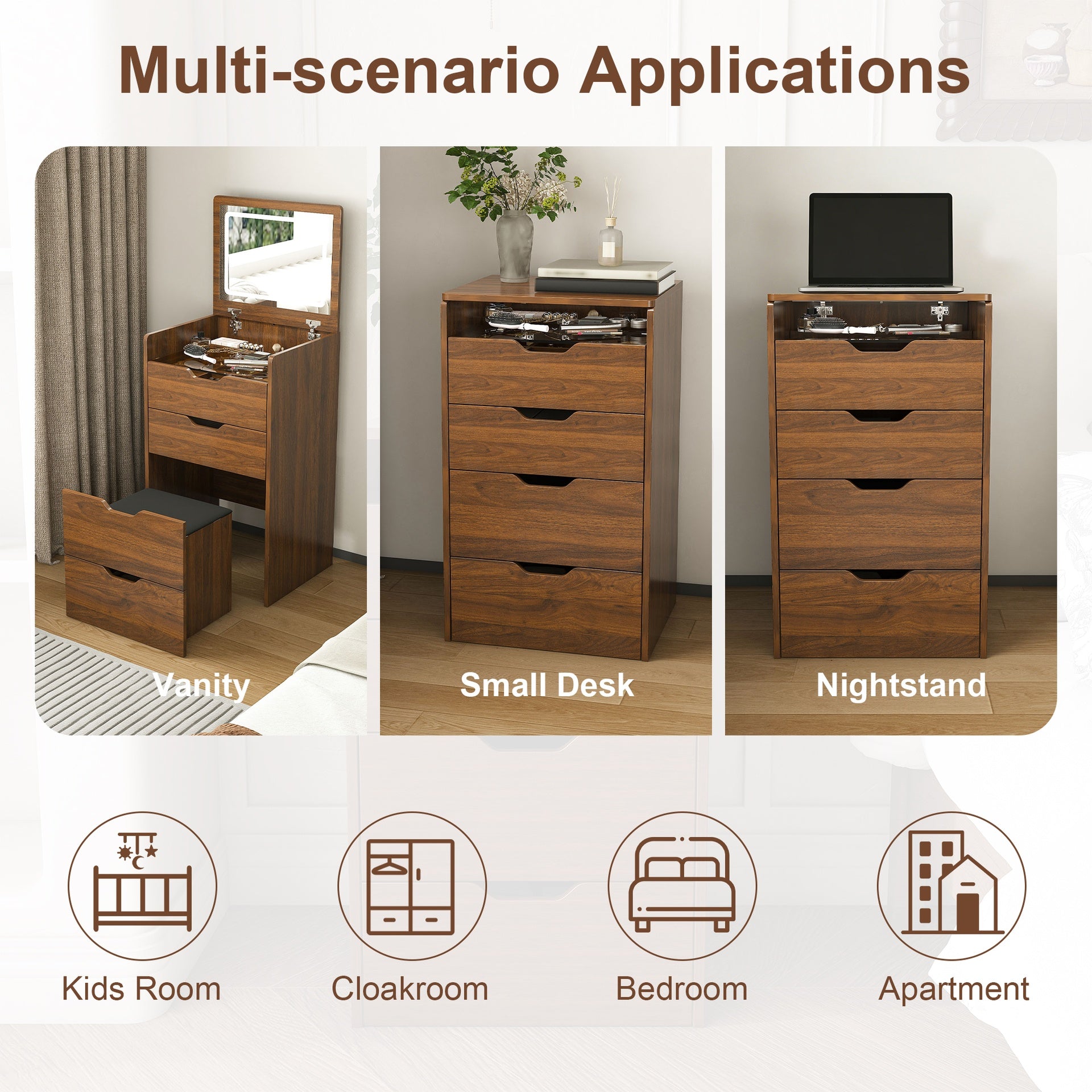 3-in-1 Vanity Desk with Lighted Mirror & Stool, Flip Top Makeup Dressing Table, Compact Storage for Bedroom, Bathroom, Dressing Room(18.9 inch L, Walnut)