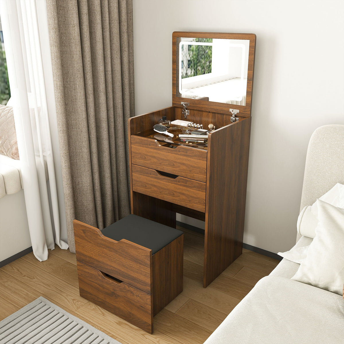 3-in-1 Vanity Desk with Lighted Mirror & Stool, Flip Top Makeup Dressing Table, Compact Storage for Bedroom, Bathroom, Dressing Room(18.9 inch L, Walnut)