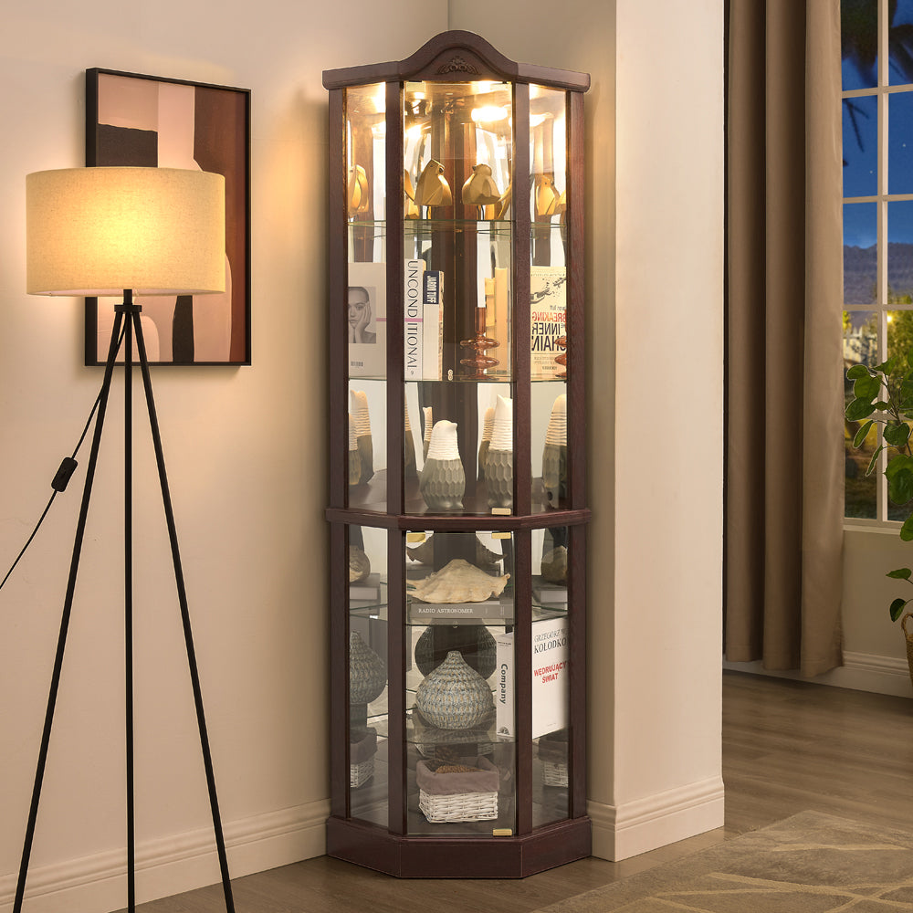 Glass Cabinet Lighted Corner Cabinet Corner Display Curio Cabinet, Glass Display With Light Bar Cabinet, Wine Cabinet with Adjustable Glass Shelves Carved Decoration DAARK CHERRY, Light(Included)