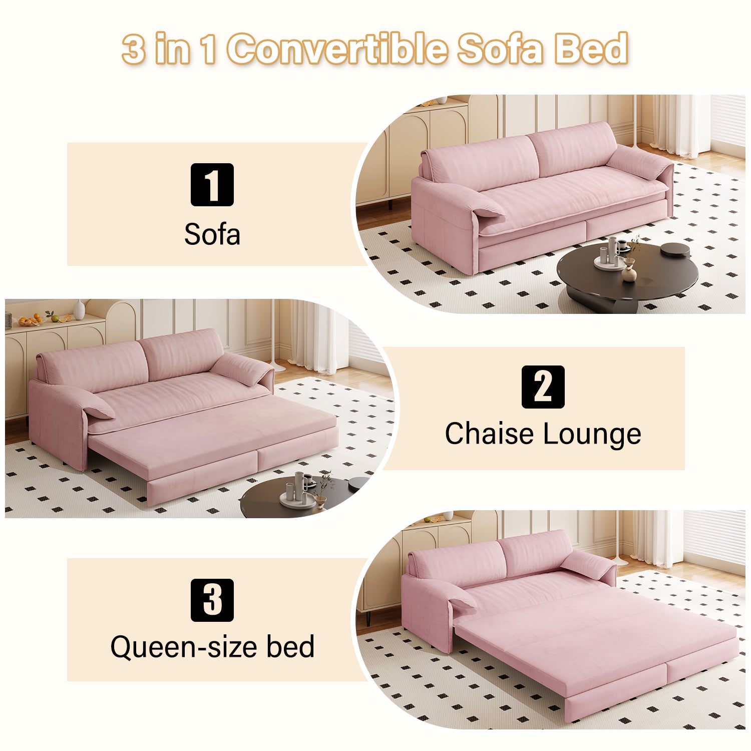 66" Queen Pull Out Sofa Bed, 3-in-1 Convertible Sleeper Sofa with Side Storage,Multi-Functional Velvet Loveseat Bed for Living Room,Bedroom,Apartment,Office(Old Sku:W1885P163513;New Sku:W1885S00226)