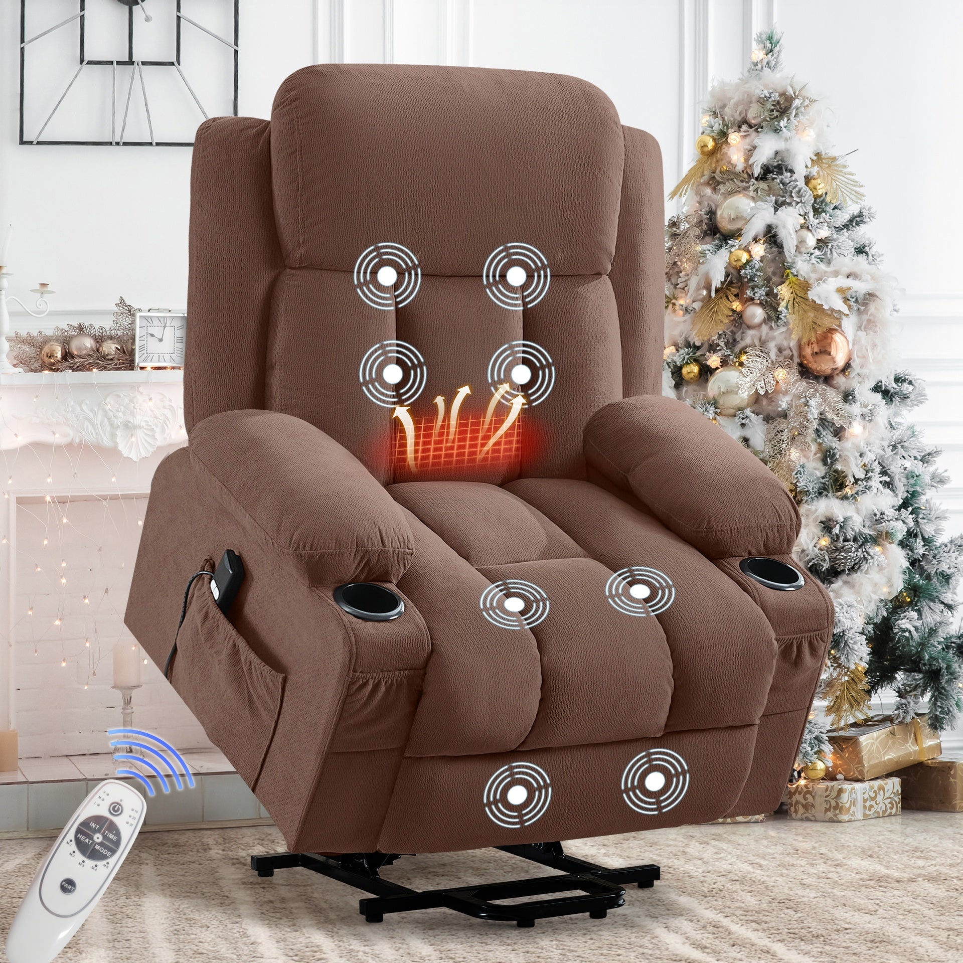 Power Lift Recliner Chair with Heat and Massage Electric Fabric Recliner Chair for Elderly with Side Pocket, USB Charge Port, Remote Control for Living Room