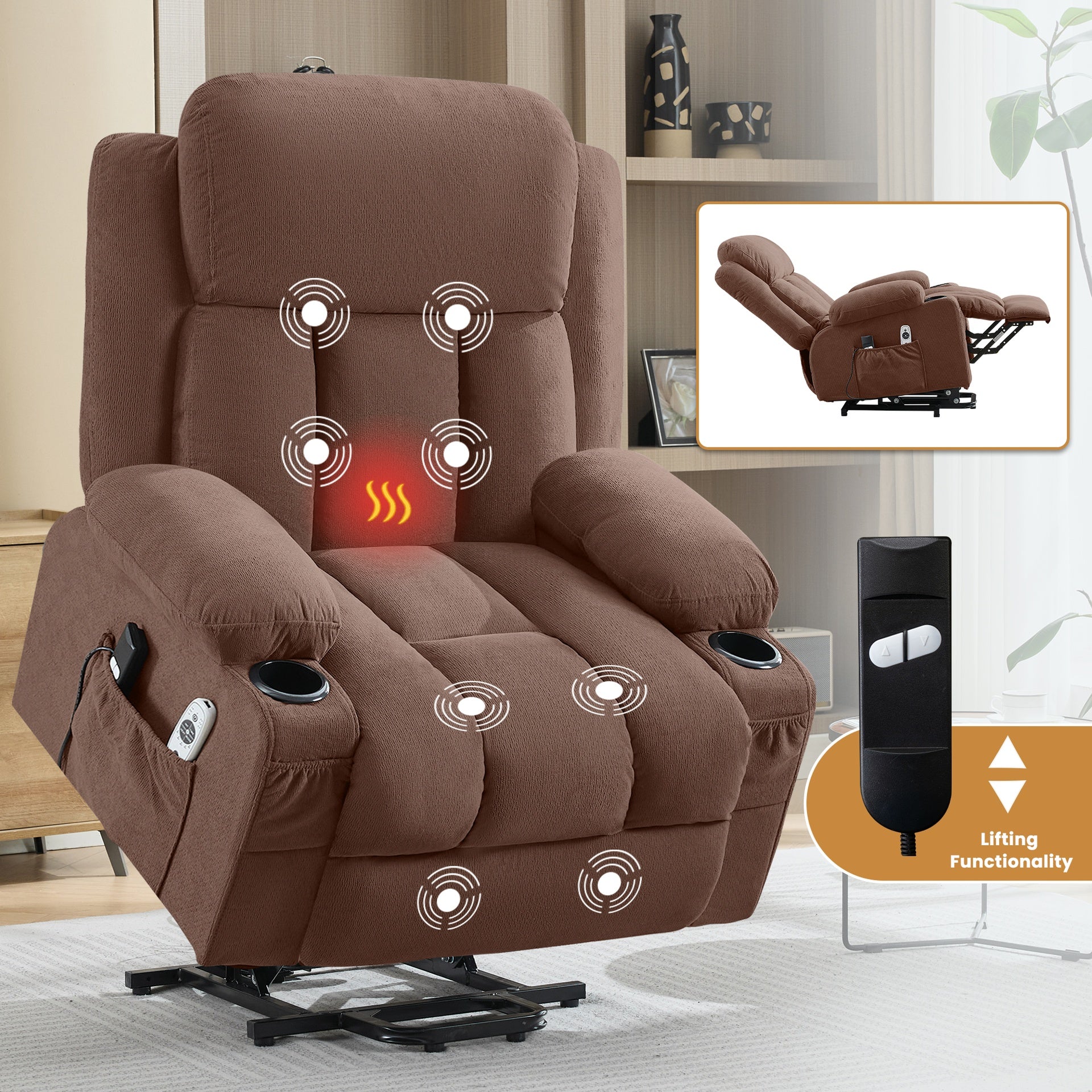 Power Lift Recliner Chair with Heat and Massage Electric Fabric Recliner Chair for Elderly with Side Pocket, USB Charge Port, Remote Control for Living Room