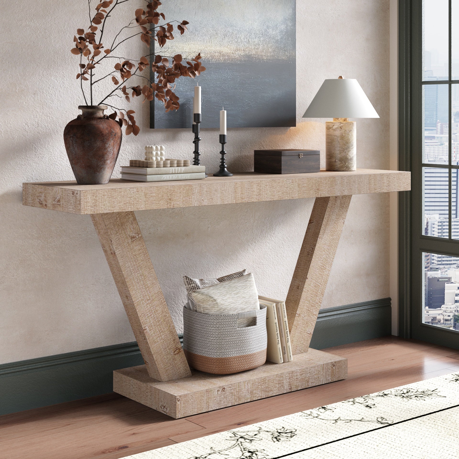 60 Inches Vintage Distressed Wood Entryway Bench with 2-Tier Solid Wood Veneer Storage Cabinet, Rustic Wide Design for Hallway, Living Room & Behind Sofa, Antique Natural