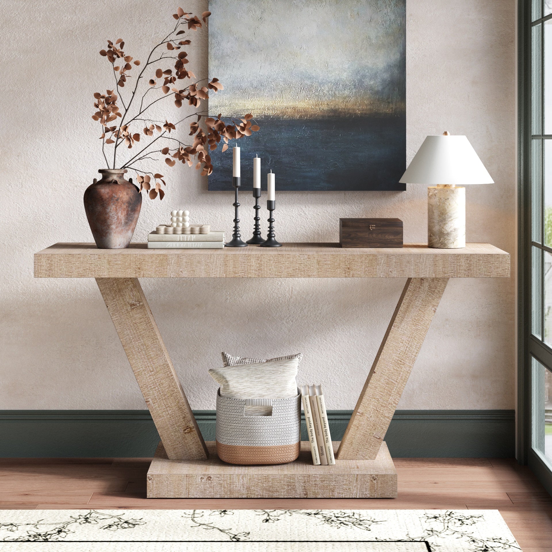 60 Inches Vintage Distressed Wood Entryway Bench with 2-Tier Solid Wood Veneer Storage Cabinet, Rustic Wide Design for Hallway, Living Room & Behind Sofa, Antique Natural