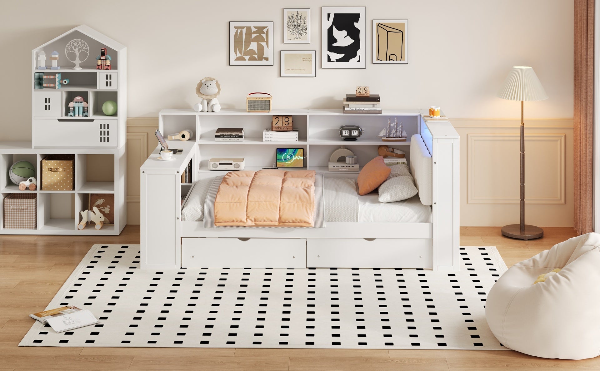 Wood Twin Size Platform Bed with Storage Shelves, Drawers, Charging Station, LED, Desk and Upholstered Headboard, White+Beige Cushion