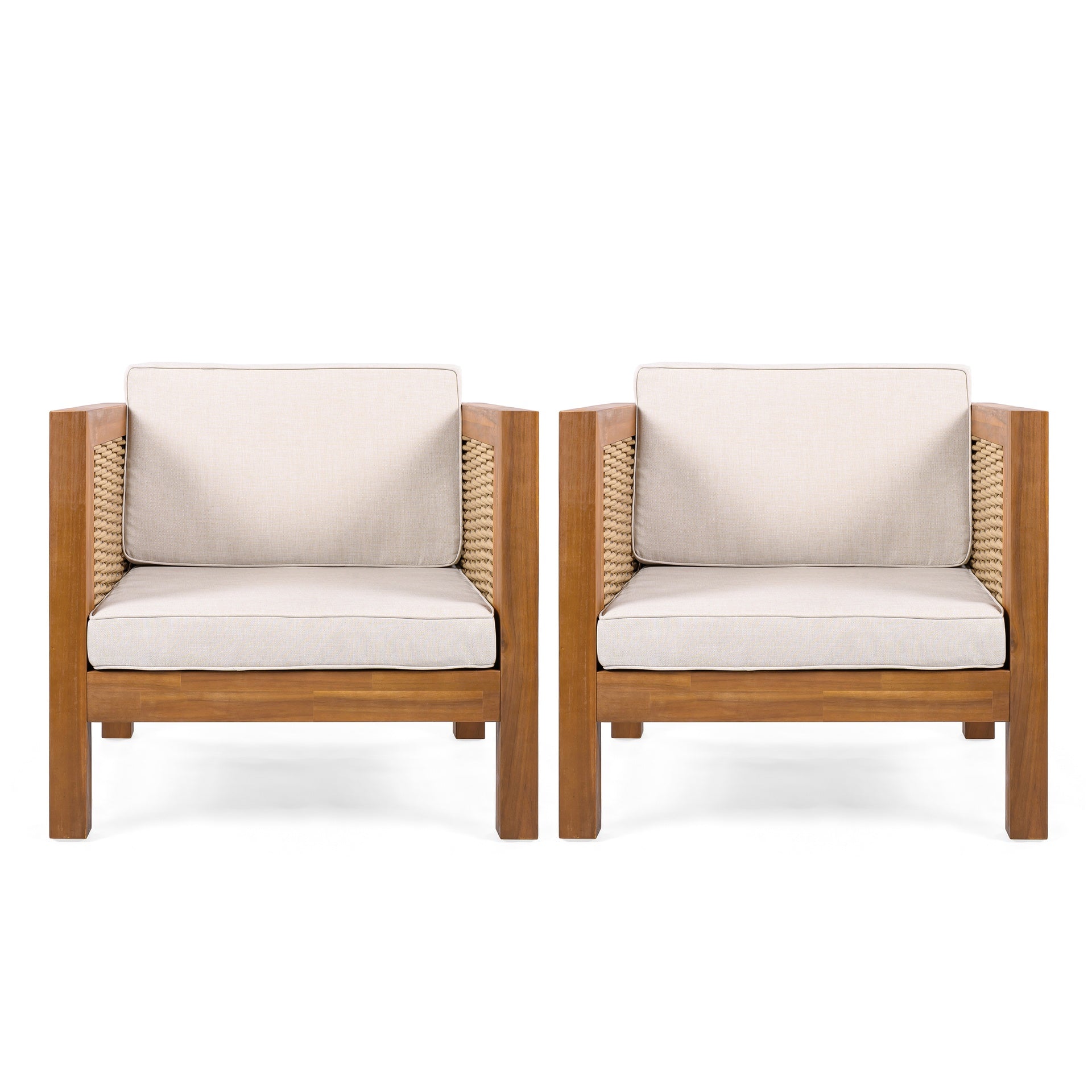 Outdoor Club Chair Set of 2, Acacia Wood Frame with Wicker Armrest and Beige Cushions,400 lbs Capacity