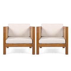 Outdoor Club Chair Set of 2, Acacia Wood Frame with Wicker Armrest and Beige Cushions,400 lbs Capacity