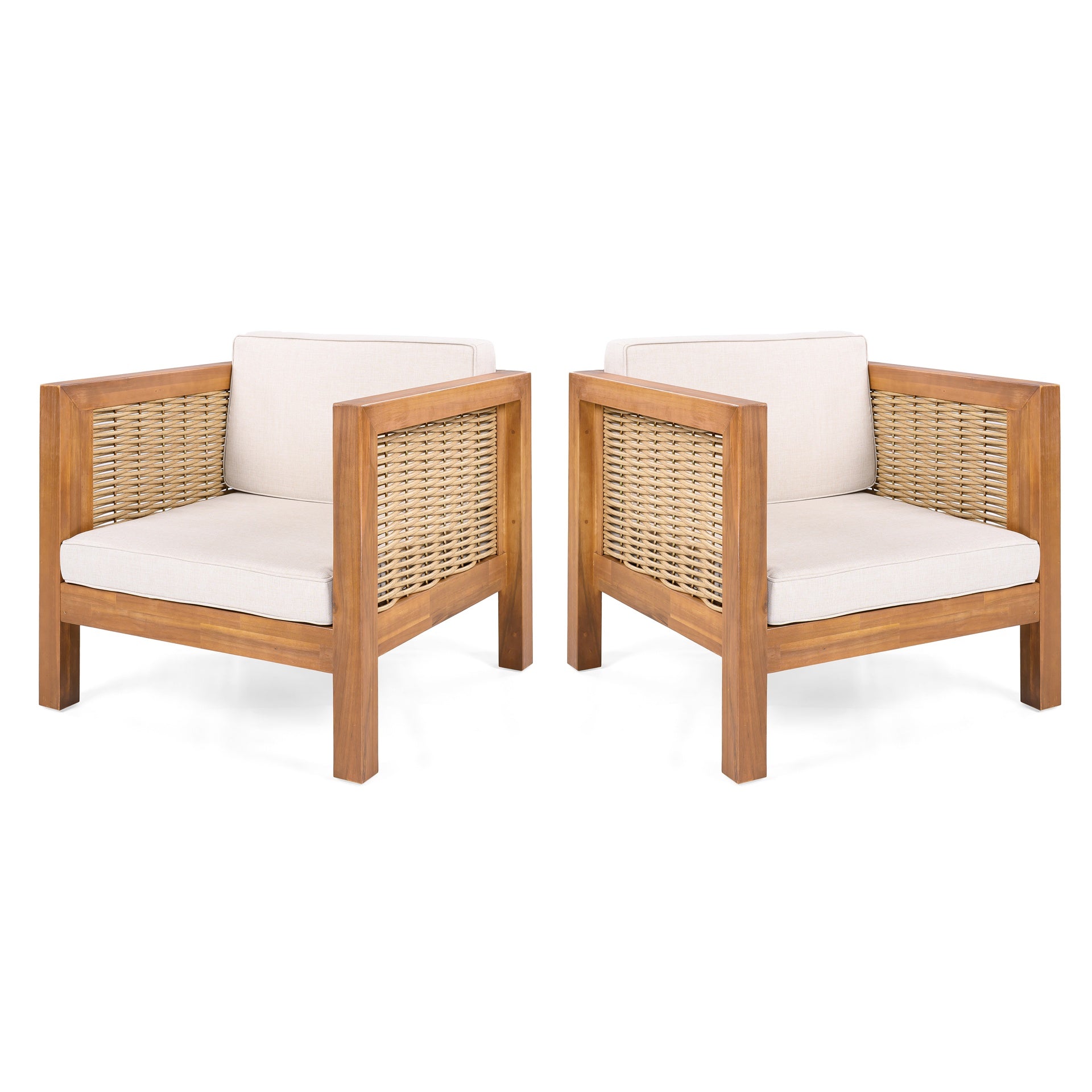 Outdoor Club Chair Set of 2, Acacia Wood Frame with Wicker Armrest and Beige Cushions,400 lbs Capacity