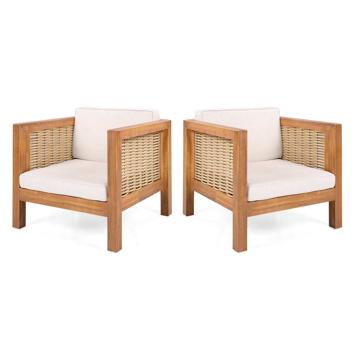 Outdoor Club Chair Set of 2, Acacia Wood Frame with Wicker Armrest and Beige Cushions,400 lbs Capacity
