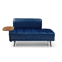 55"Inch Width Modern End of Bed Bench,Blue Faux Leather Upholstered With side table, 360-degree Swivel tray couch,Entryway Ottoman,Window Bench with  Metal Legs for Bedroom, Living Room