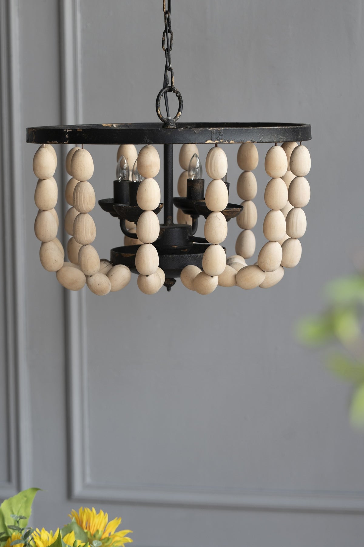 4 - Light Wood Chandelier, Hanging Light Fixture with Adjustable Chain for Kitchen Dining Room Foyer Entryway, Bulb Not Included