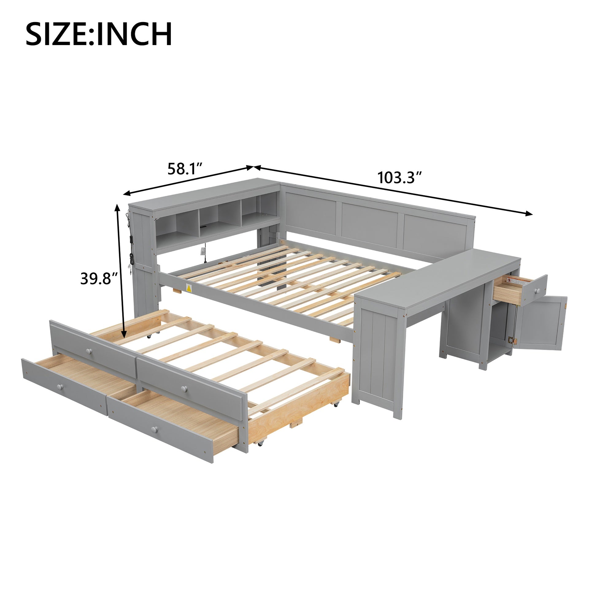 Full Size Daybed with Storage Shelves,Drawers,Trundle,Charging Station,LED Light,Desk and Cabinet,Gray