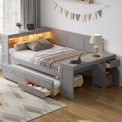 Full Size Daybed with Storage Shelves,Drawers,Trundle,Charging Station,LED Light,Desk and Cabinet,Gray