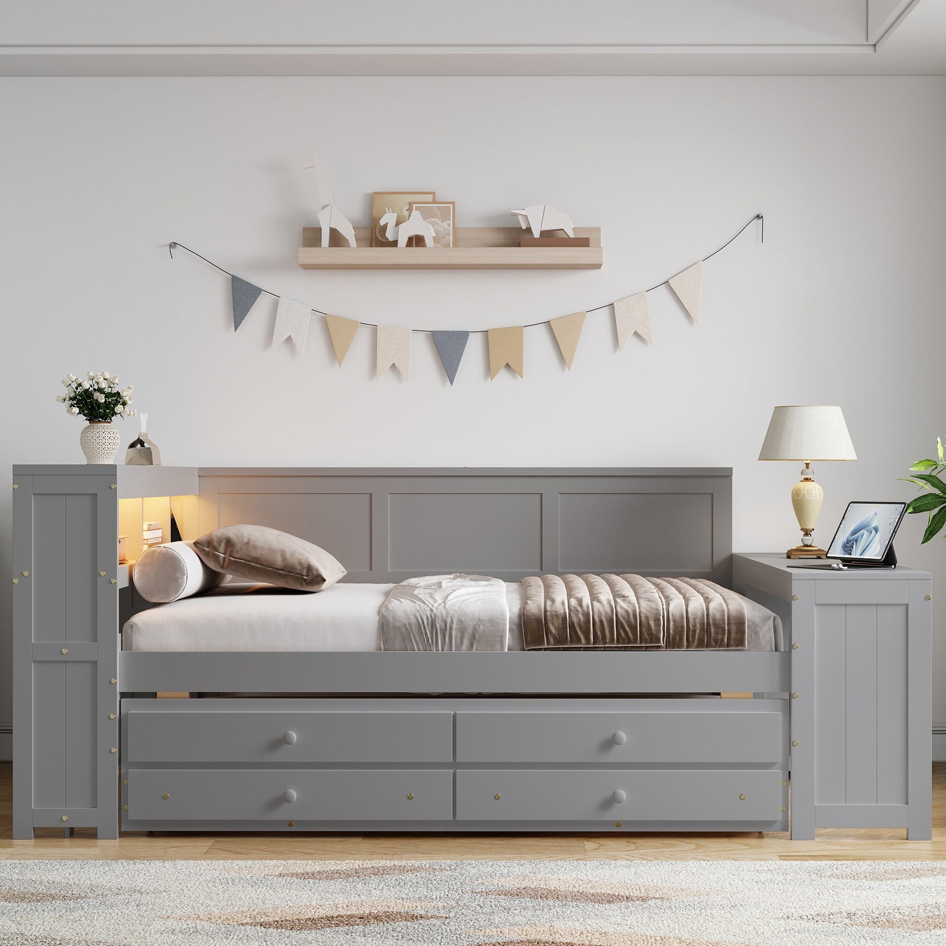 Full Size Daybed with Storage Shelves,Drawers,Trundle,Charging Station,LED Light,Desk and Cabinet,Gray
