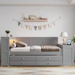 Full Size Daybed with Storage Shelves,Drawers,Trundle,Charging Station,LED Light,Desk and Cabinet,Gray