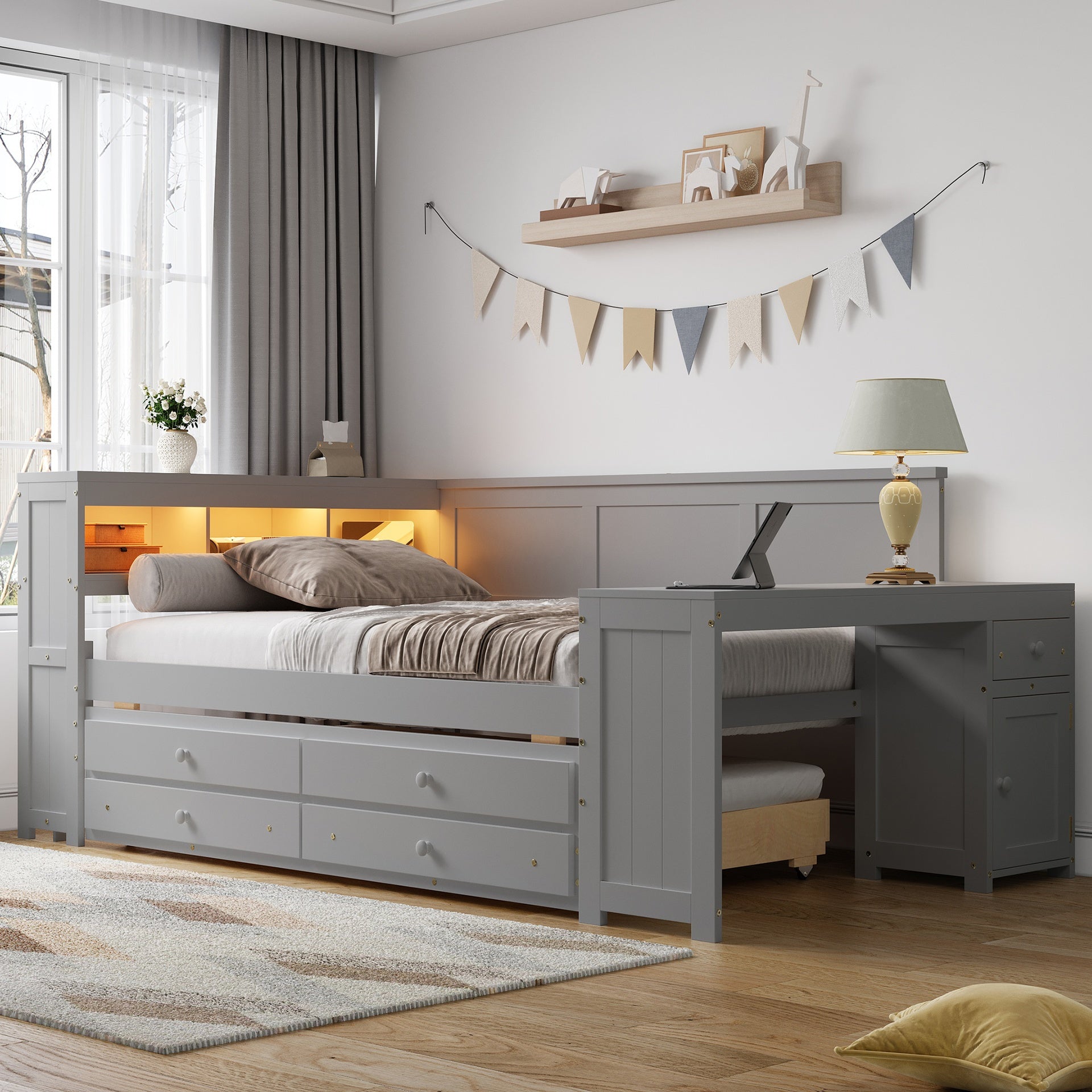 Full Size Daybed with Storage Shelves,Drawers,Trundle,Charging Station,LED Light,Desk and Cabinet,Gray