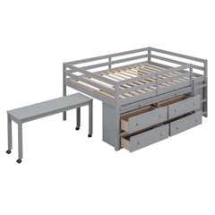 Full Size Loft Bed with Retractable Writing Desk and 4 Drawers, Wooden Loft Bed with Lateral Portable Desk and Shelves, Gray