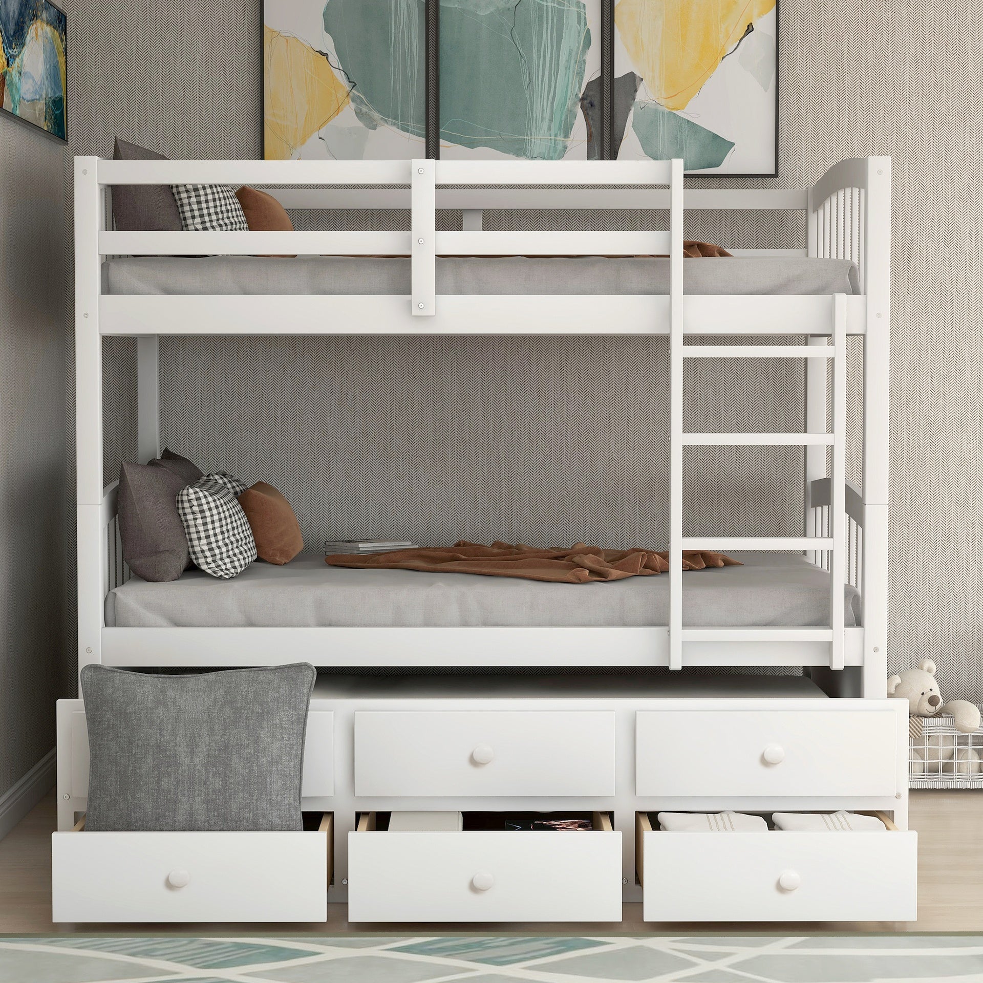 Twin Bunk Bed with Ladder, Safety Rail, Twin Trundle Bed with 3 Drawers for Teens Bedroom, Guest Room Furniture(White)