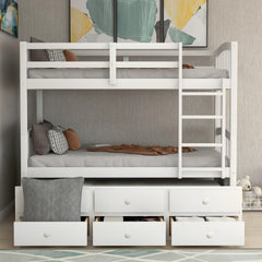 Twin Bunk Bed with Ladder, Safety Rail, Twin Trundle Bed with 3 Drawers for Teens Bedroom, Guest Room Furniture(White)