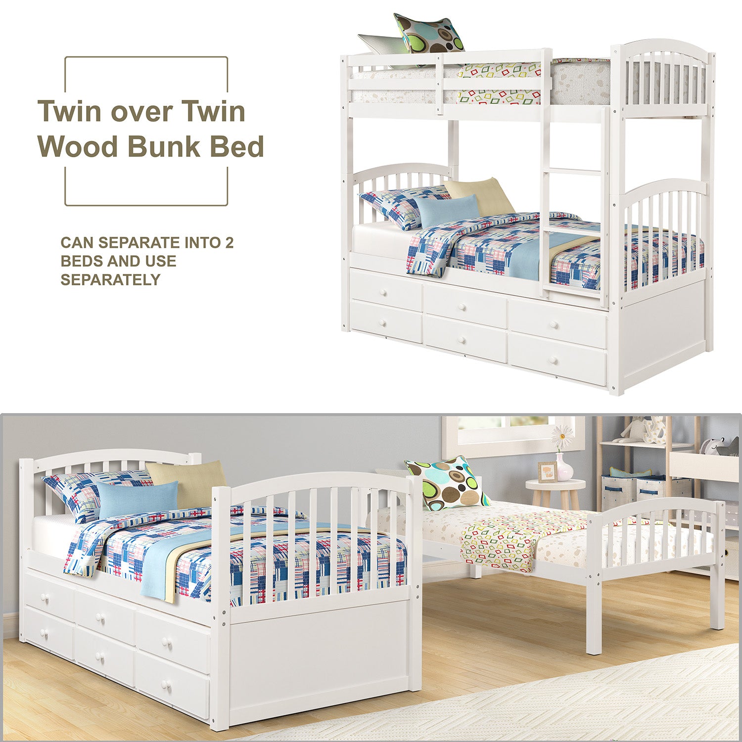 Twin Bunk Bed with Ladder, Safety Rail, Twin Trundle Bed with 3 Drawers for Teens Bedroom, Guest Room Furniture(White)