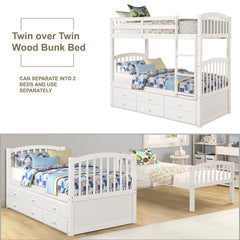Twin Bunk Bed with Ladder, Safety Rail, Twin Trundle Bed with 3 Drawers for Teens Bedroom, Guest Room Furniture(White)