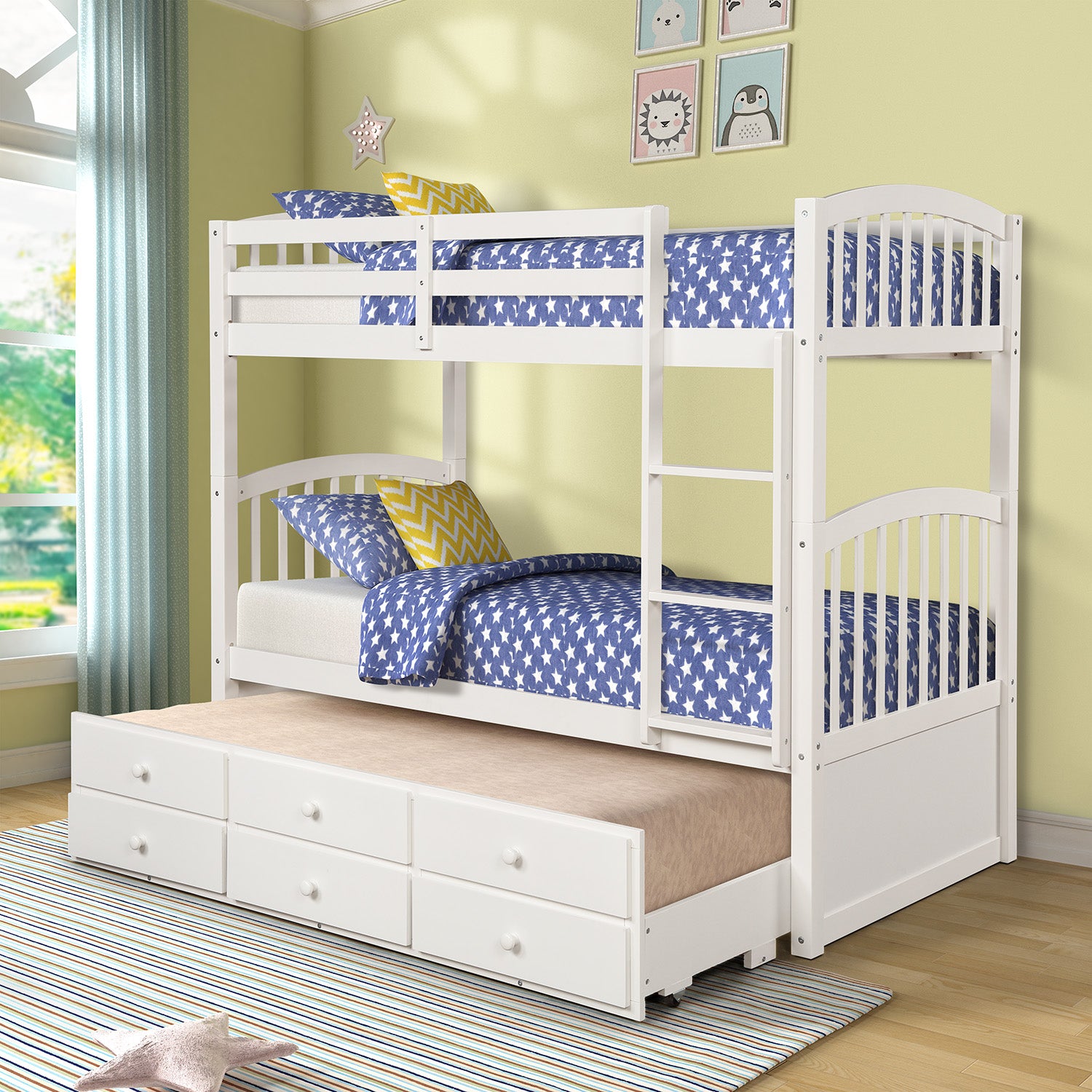 Twin Bunk Bed with Ladder, Safety Rail, Twin Trundle Bed with 3 Drawers for Teens Bedroom, Guest Room Furniture(White)
