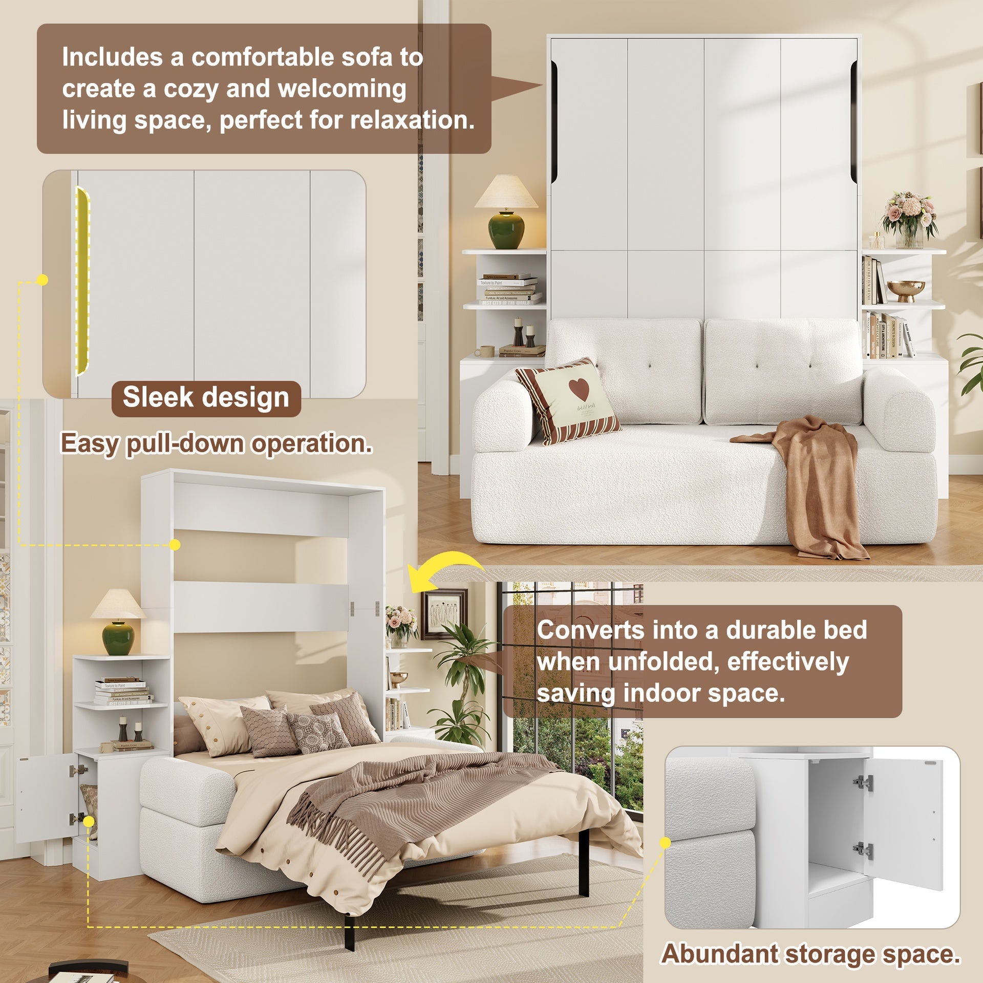 Queen Size Wall Murphy Bed with Sofa and Storage Cabinets, Space-Saving Wall Bed for Home Office & Guest Room, White