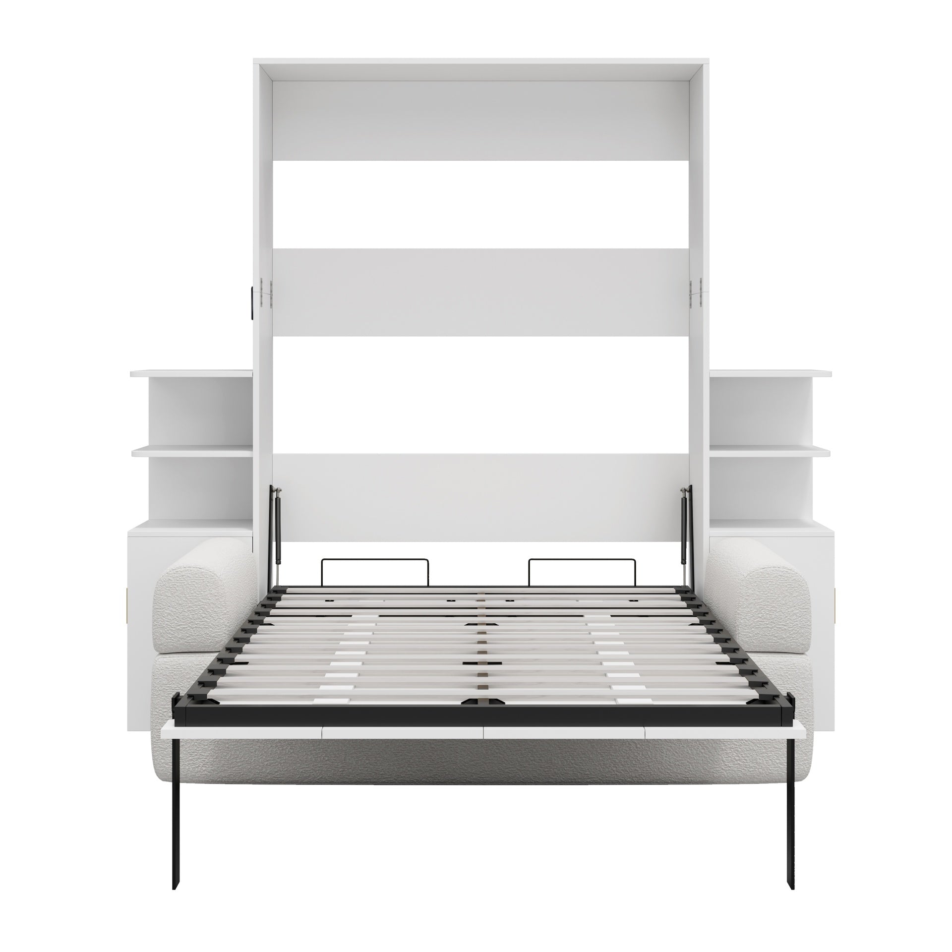 Queen Size Wall Murphy Bed with Sofa and Storage Cabinets, Space-Saving Wall Bed for Home Office & Guest Room, White