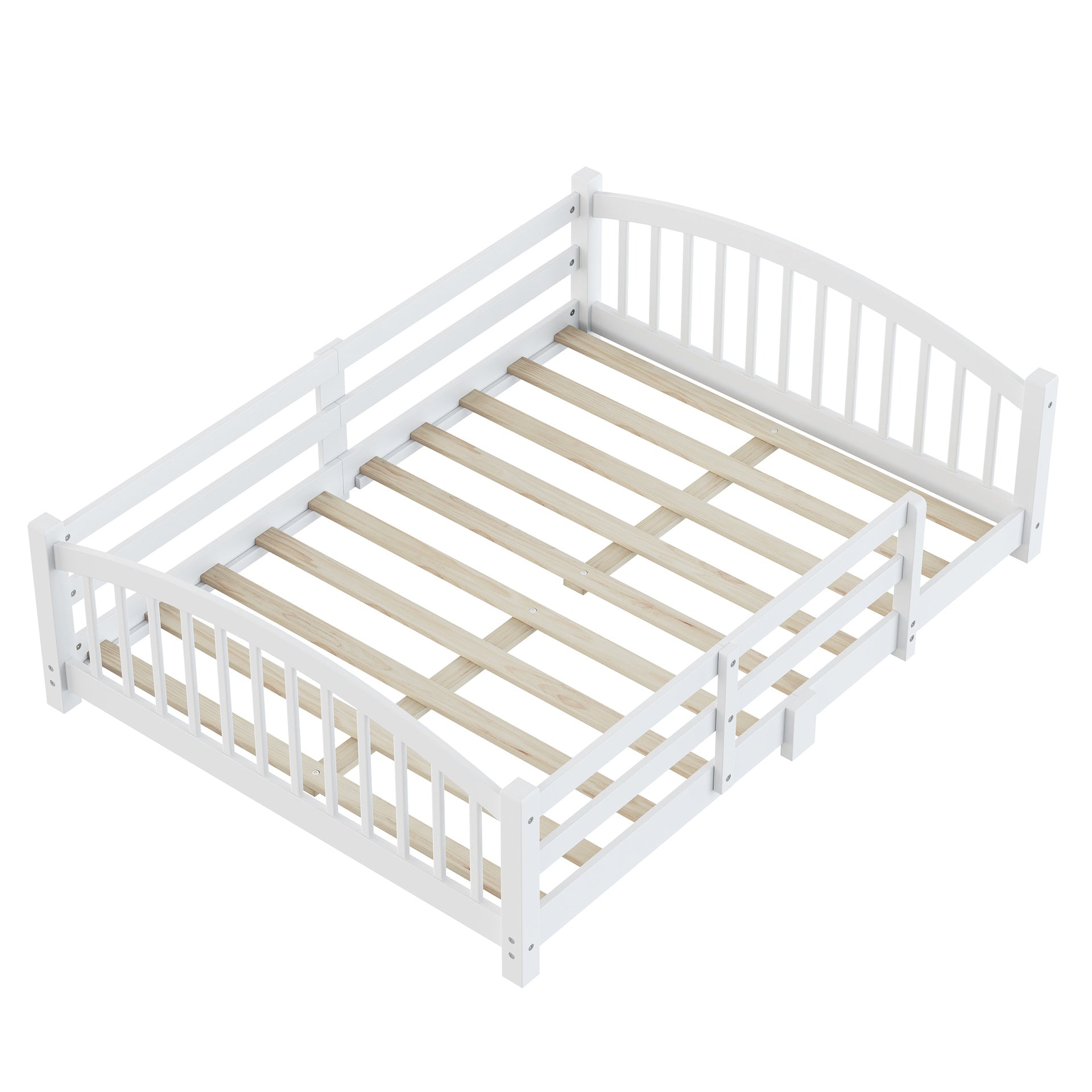 Full Montessori Floor Bed with Slats and Safety Guardrails, Solid Wood Floor Bed with Fence and Without Door, Easy Assemble Montessori Bed for Girls and Boys, White