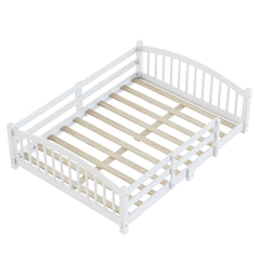 Full Montessori Floor Bed with Slats and Safety Guardrails, Solid Wood Floor Bed with Fence and Without Door, Easy Assemble Montessori Bed for Girls and Boys, White