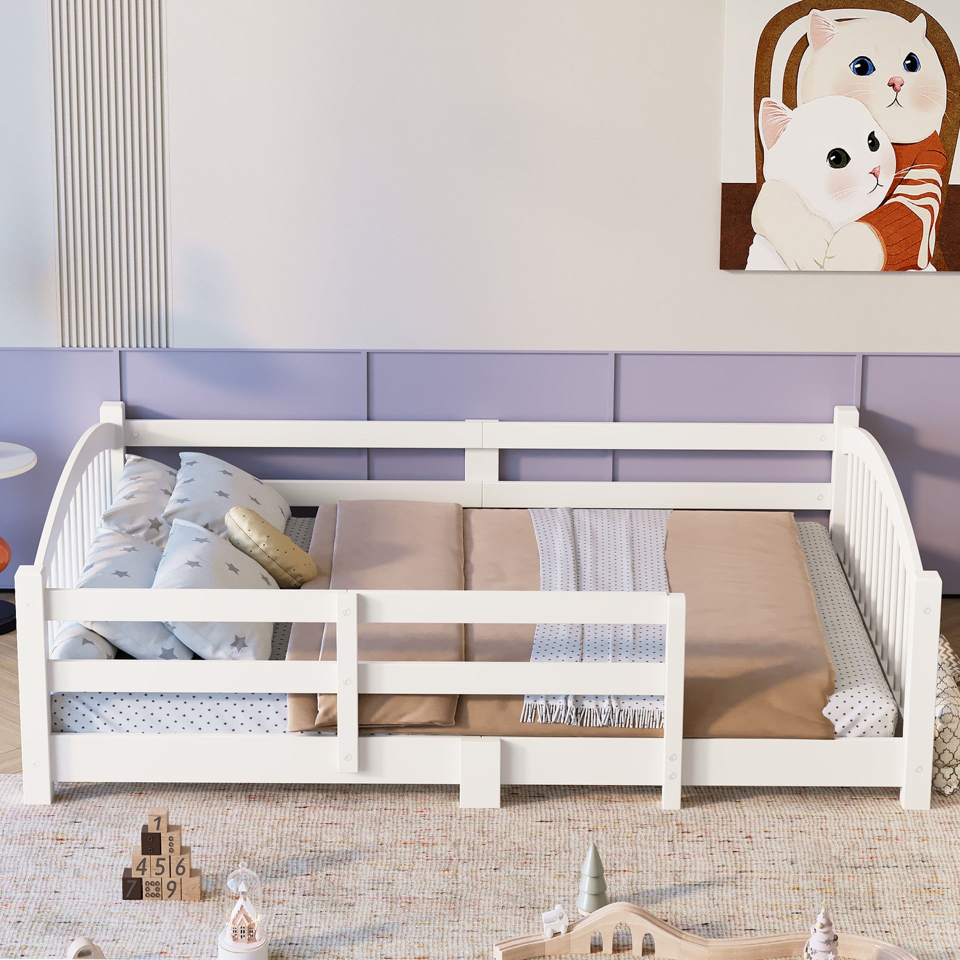 Full Montessori Floor Bed with Slats and Safety Guardrails, Solid Wood Floor Bed with Fence and Without Door, Easy Assemble Montessori Bed for Girls and Boys, White