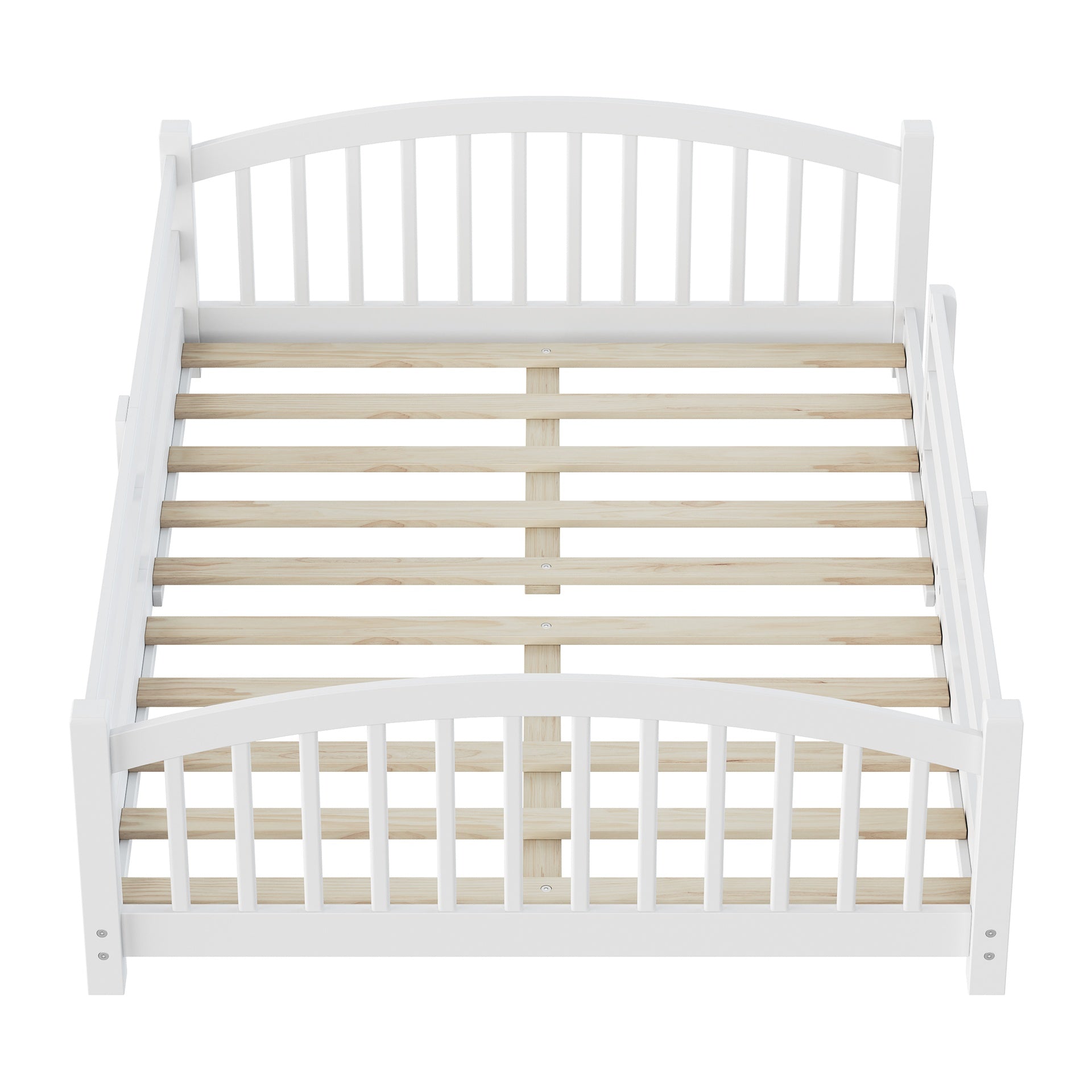 Full Montessori Floor Bed with Slats and Safety Guardrails, Solid Wood Floor Bed with Fence and Without Door, Easy Assemble Montessori Bed for Girls and Boys, White