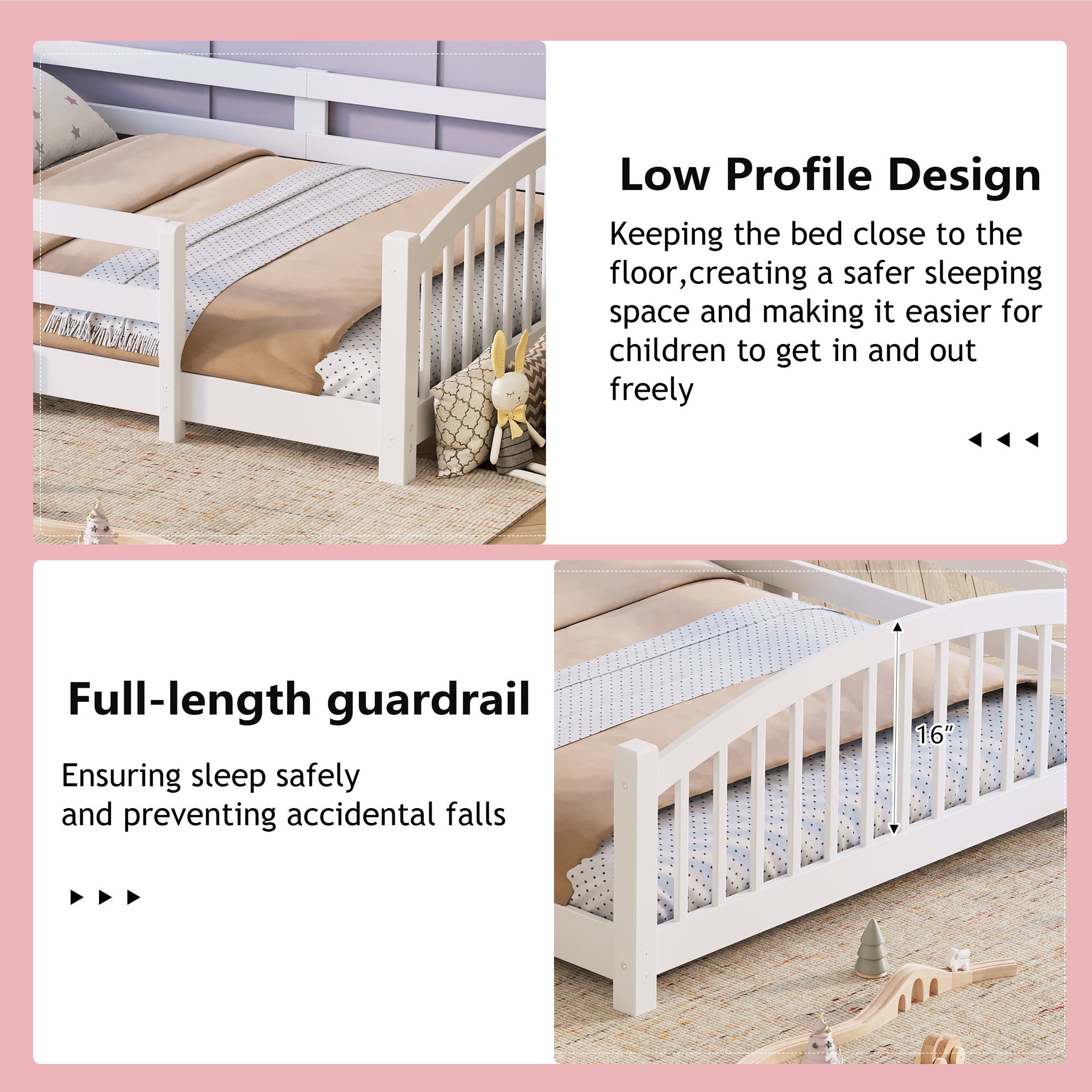 Full Montessori Floor Bed with Slats and Safety Guardrails, Solid Wood Floor Bed with Fence and Without Door, Easy Assemble Montessori Bed for Girls and Boys, White