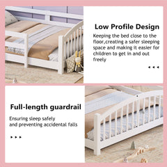 Full Montessori Floor Bed with Slats and Safety Guardrails, Solid Wood Floor Bed with Fence and Without Door, Easy Assemble Montessori Bed for Girls and Boys, White