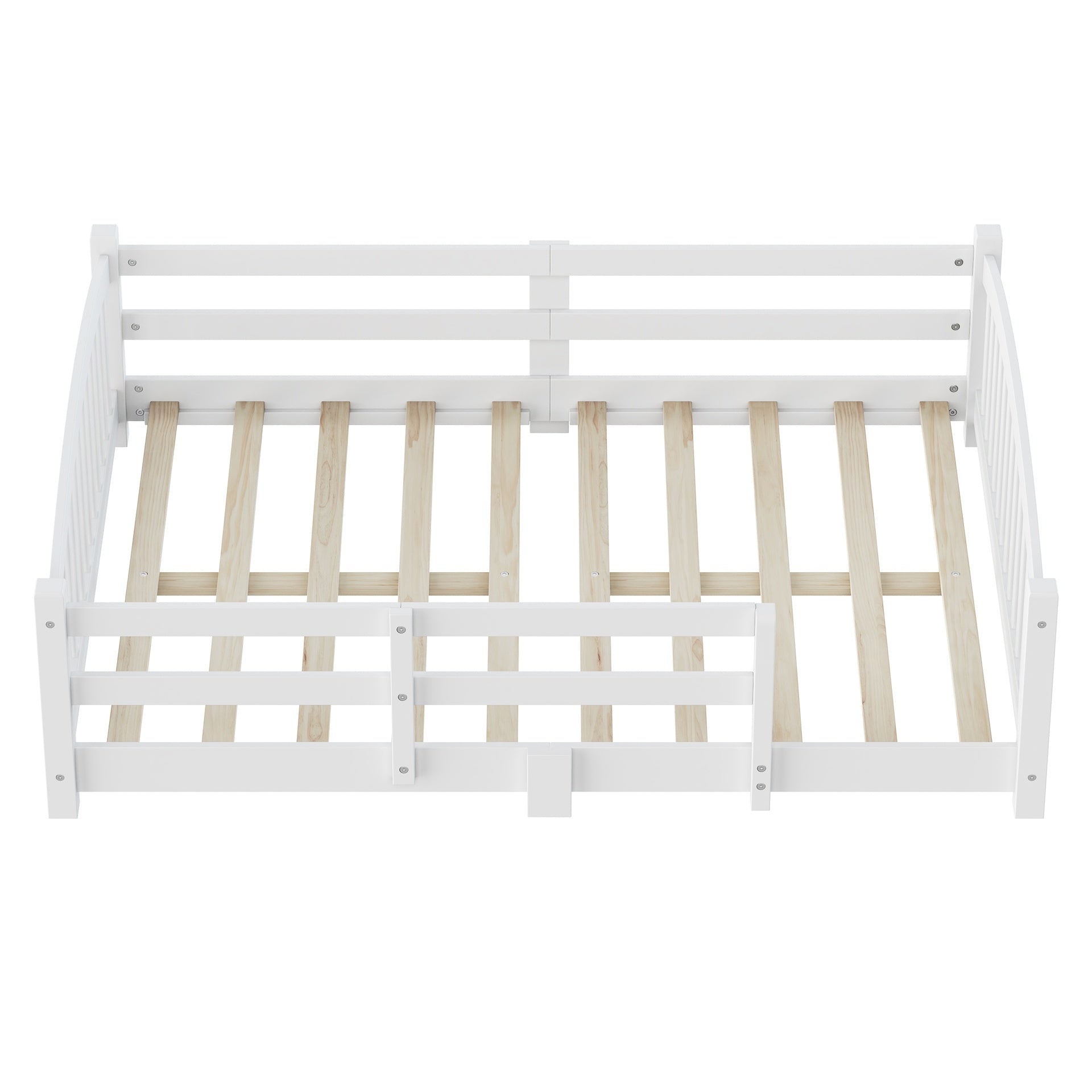 Full Montessori Floor Bed with Slats and Safety Guardrails, Solid Wood Floor Bed with Fence and Without Door, Easy Assemble Montessori Bed for Girls and Boys, White