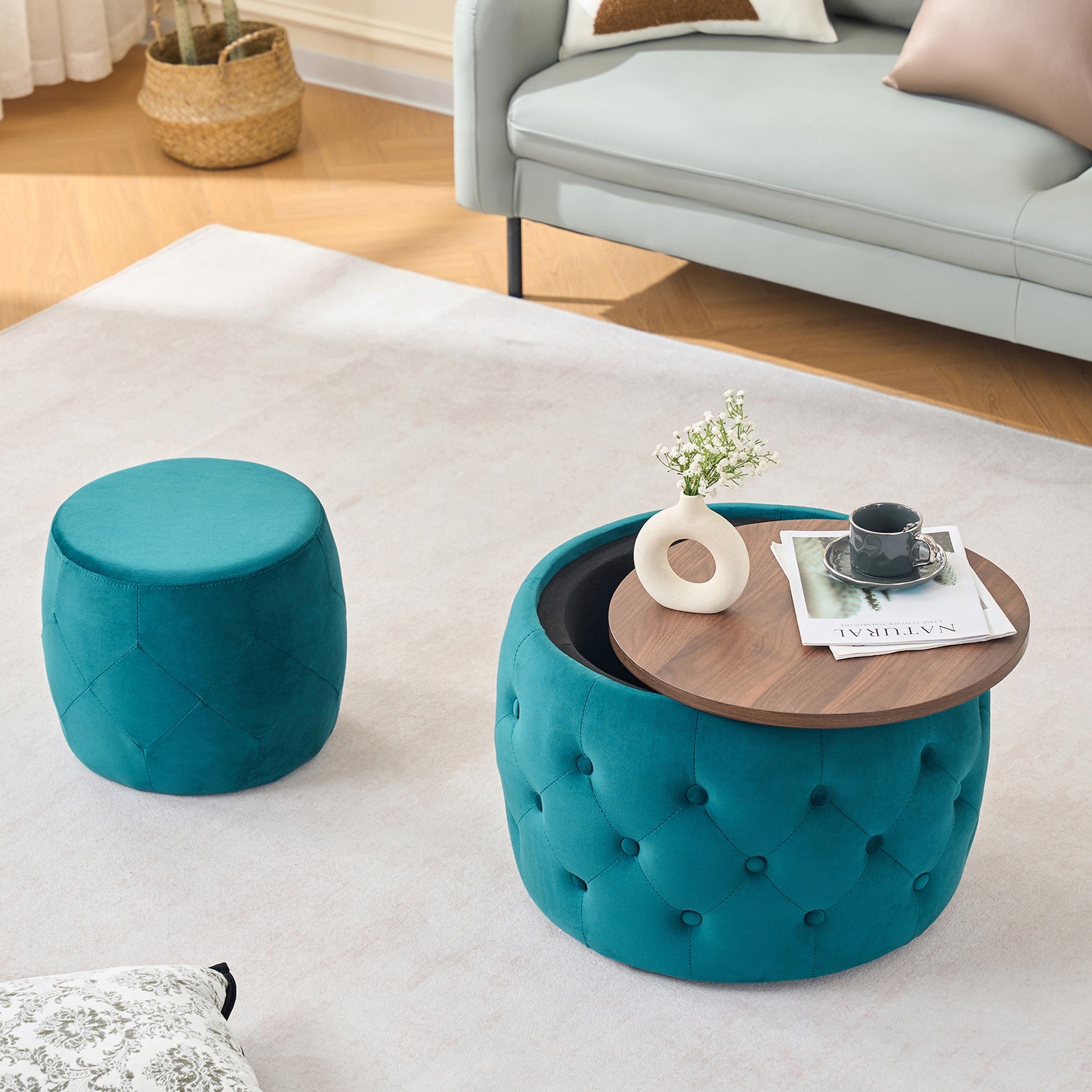 Luxurious Velvet Nesting Ottomans of 2, 4-in-1  Function, Round Storage Foot Stool with Wood Tray, No Assembly Needed, Blue (22.75"x22.75"x15"H)